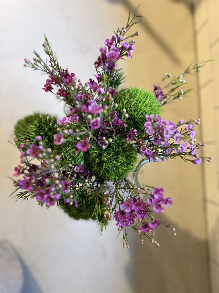 The green ball dianthus, trimmed so each bloom rests on the vase rim, filling all open spaces