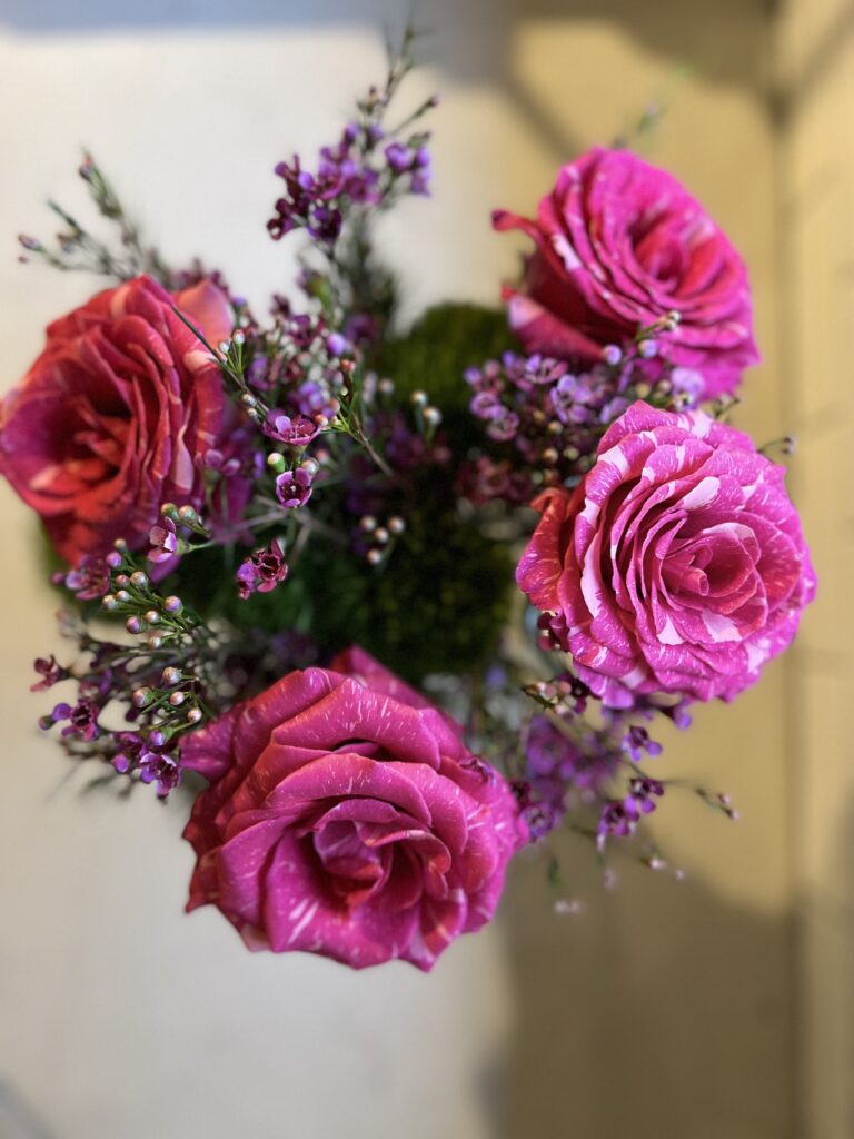 The pink striped roses placed in a north, south, east, west format